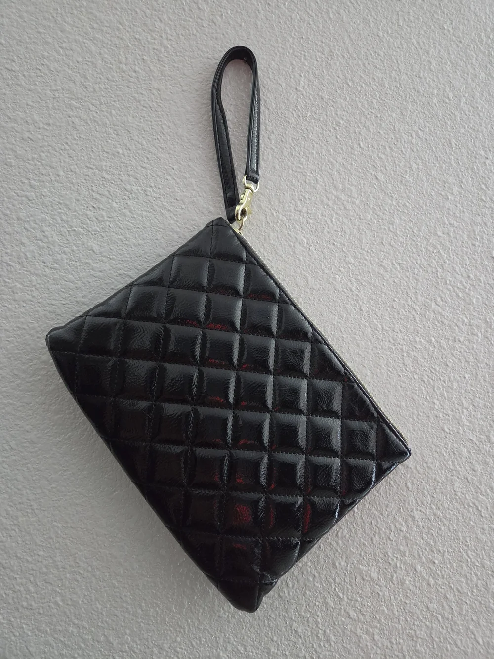 Betsey Johnson Black Quilted Patent Wristlet with Gold Accent